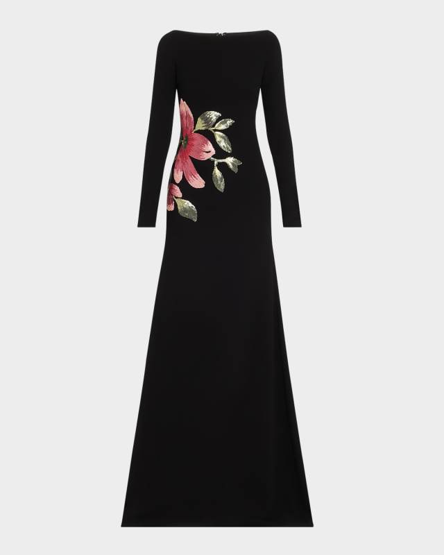 Floral Beaded Crepe Long-Sleeve Trumpet Gown